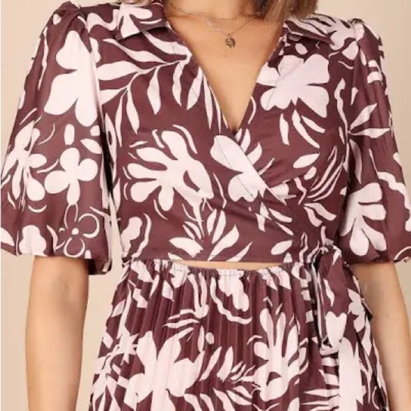 Petal + Pup Floral Midi Dress‎ Brown Cream Tie Waist V Neck Size M - Picture 3 of 9